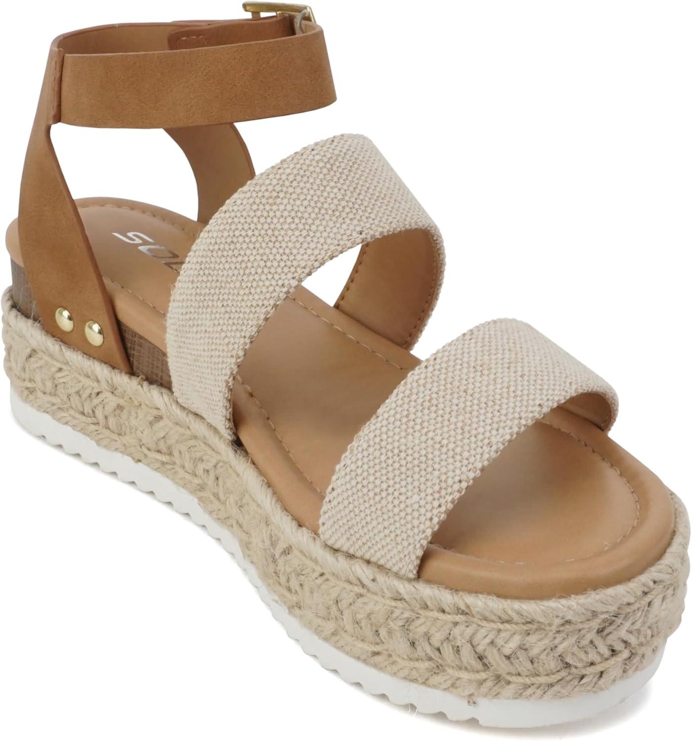 imageSoda Top Shoe Bryce Open Toe Buckle Ankle Strap Espadrilles Flatform Wedge Casual SandaBeige CanvasTan