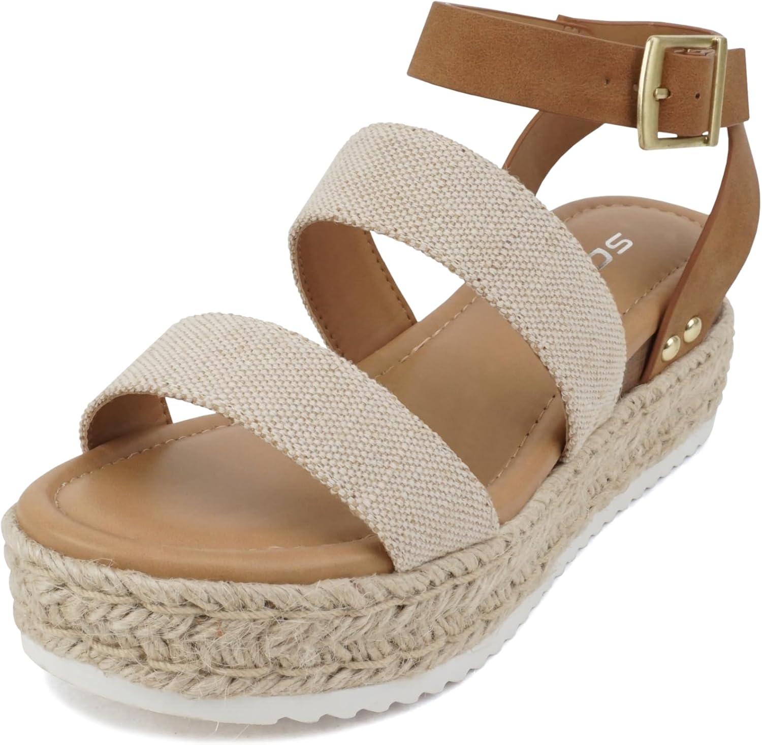 imageSoda Top Shoe Bryce Open Toe Buckle Ankle Strap Espadrilles Flatform Wedge Casual SandaBeige CanvasTan