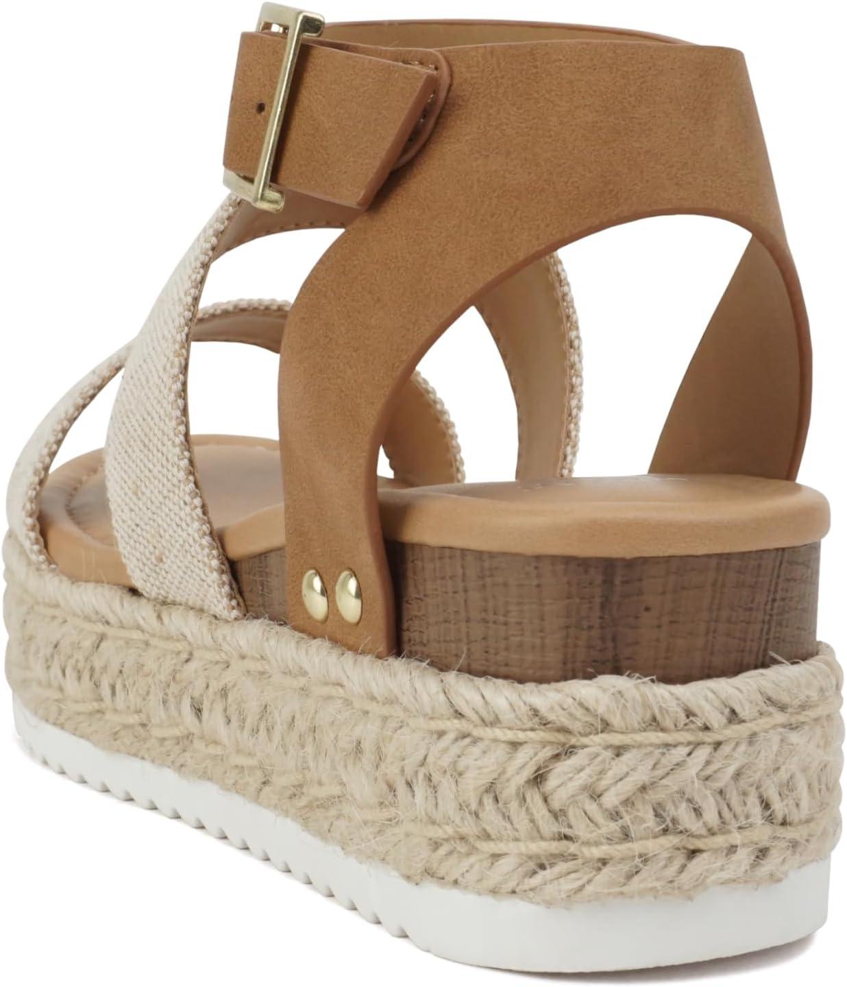 imageSoda Top Shoe Bryce Open Toe Buckle Ankle Strap Espadrilles Flatform Wedge Casual SandaBeige CanvasTan