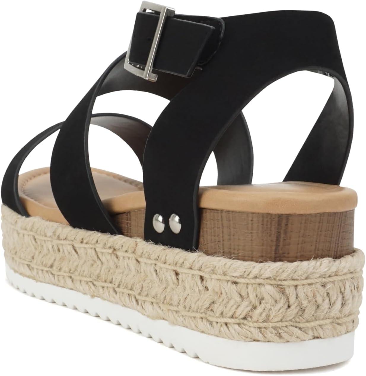 imageSoda Top Shoe Bryce Open Toe Buckle Ankle Strap Espadrilles Flatform Wedge Casual SandaBlack