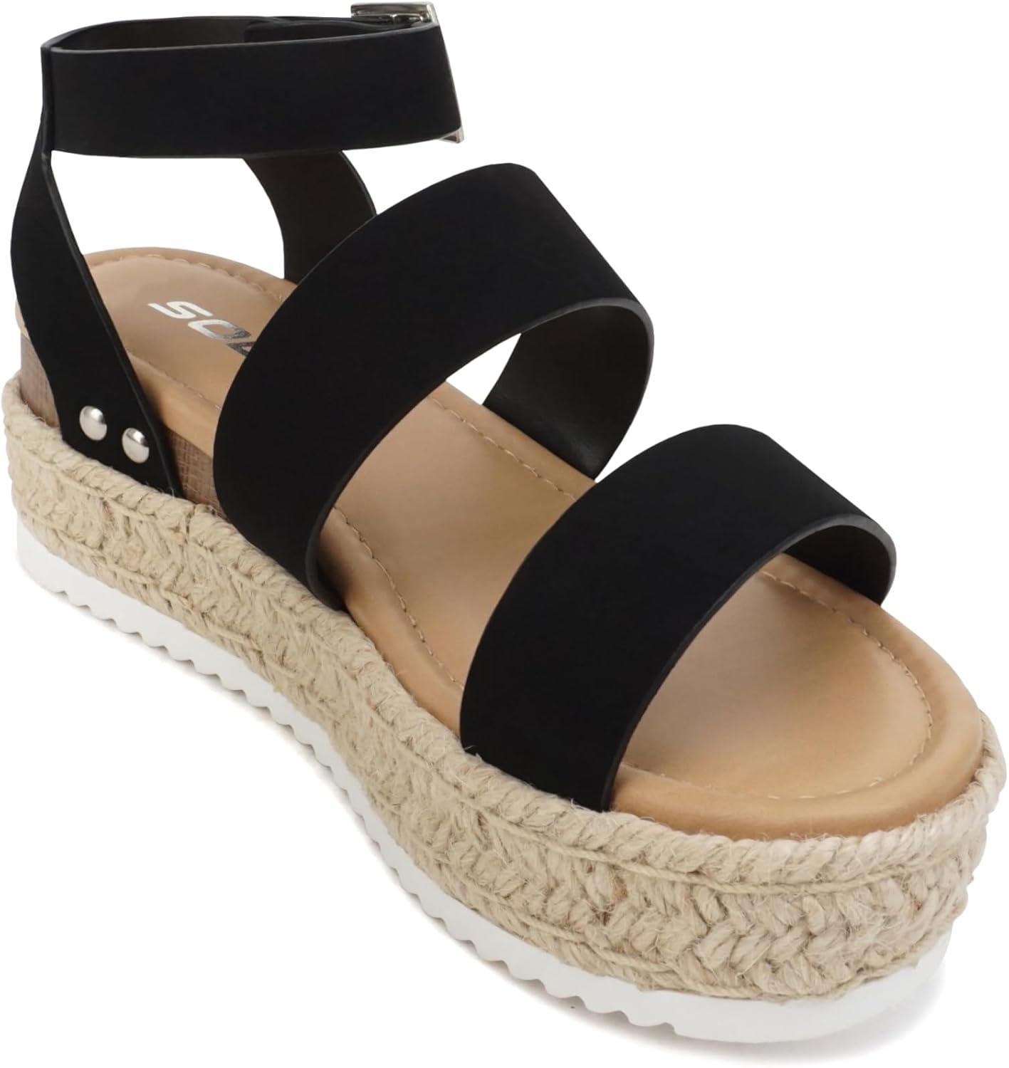 imageSoda Top Shoe Bryce Open Toe Buckle Ankle Strap Espadrilles Flatform Wedge Casual SandaBlack Nbpu