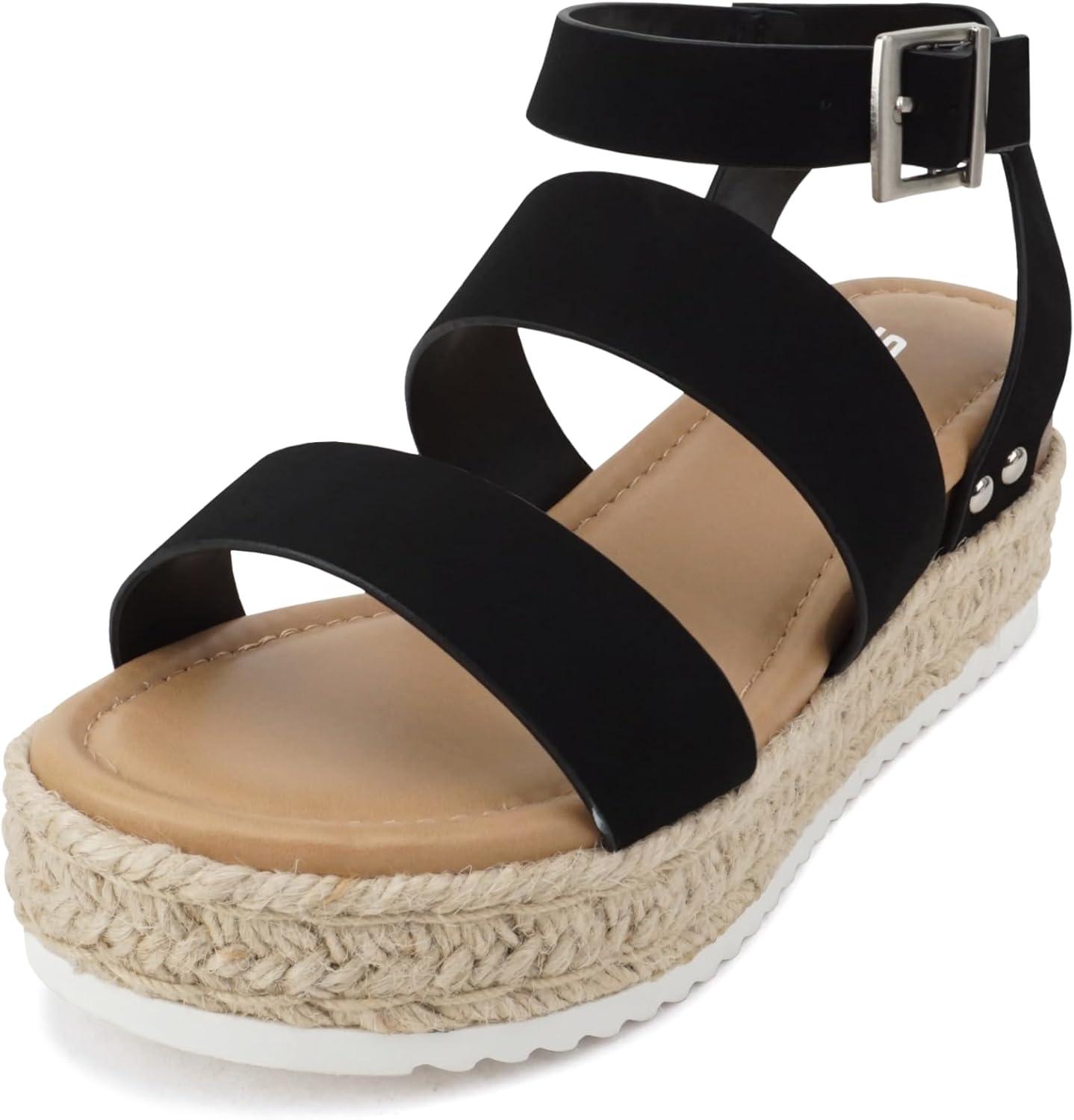 imageSoda Top Shoe Bryce Open Toe Buckle Ankle Strap Espadrilles Flatform Wedge Casual SandaBlack Nbpu