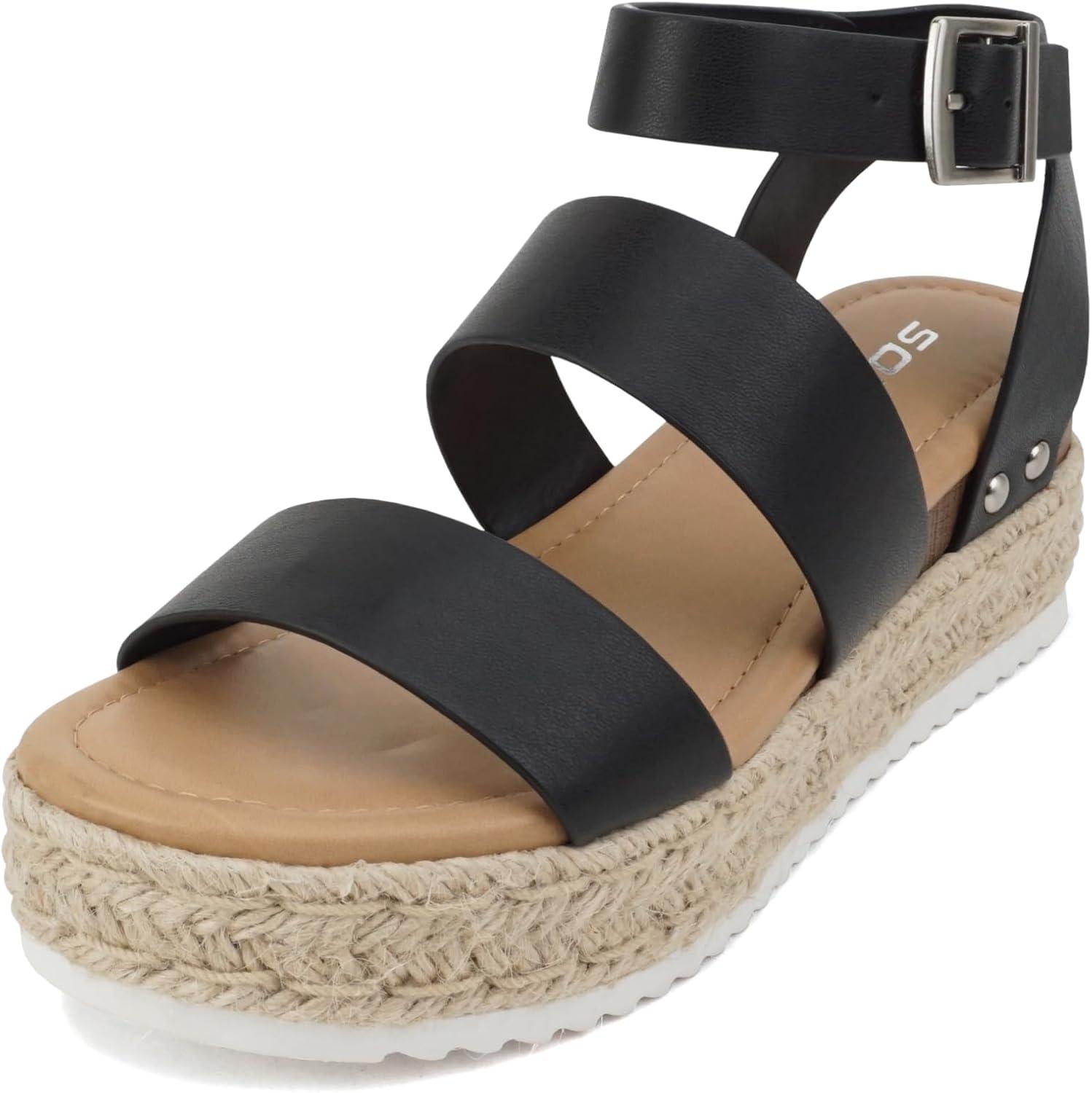 imageSoda Top Shoe Bryce Open Toe Buckle Ankle Strap Espadrilles Flatform Wedge Casual SandaBlack Pu