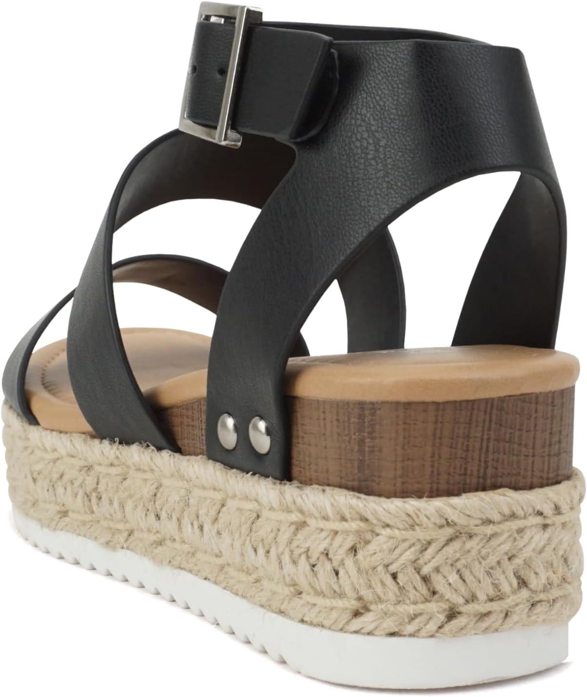 imageSoda Top Shoe Bryce Open Toe Buckle Ankle Strap Espadrilles Flatform Wedge Casual SandaBlack Pu