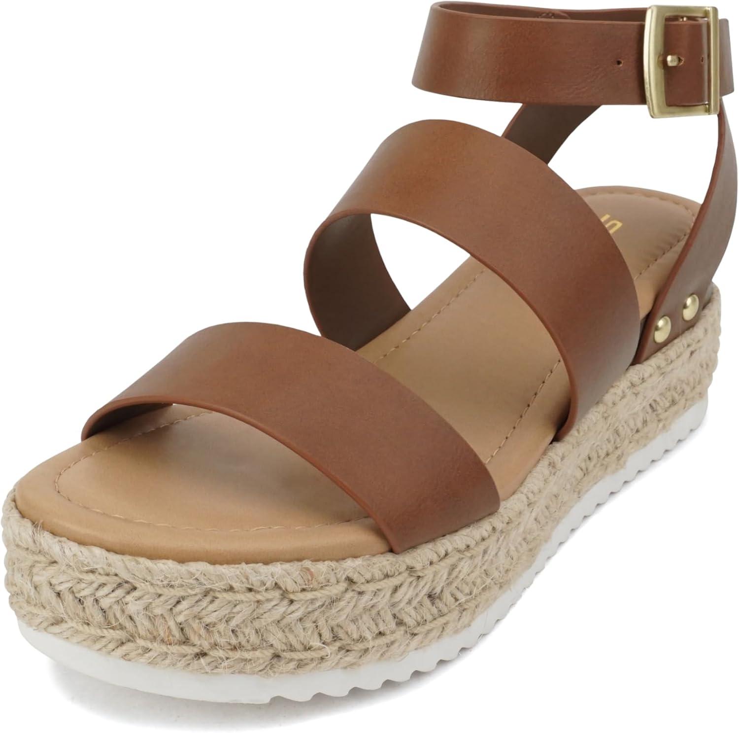 imageSoda Top Shoe Bryce Open Toe Buckle Ankle Strap Espadrilles Flatform Wedge Casual SandaCognac Pu