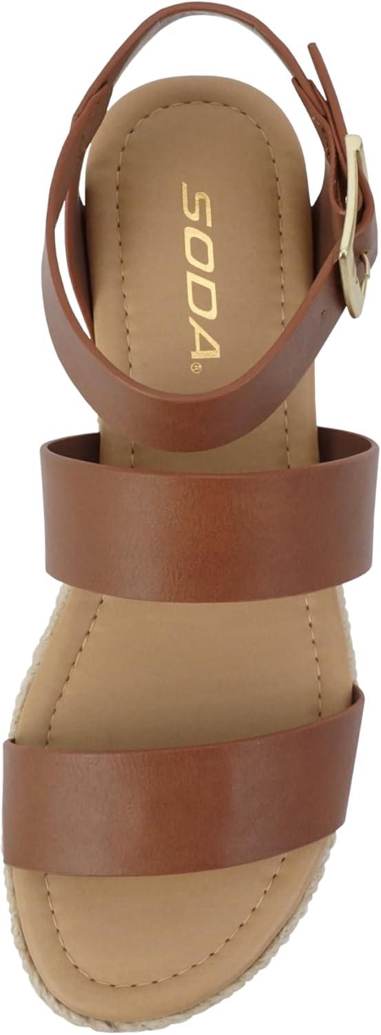 imageSoda Top Shoe Bryce Open Toe Buckle Ankle Strap Espadrilles Flatform Wedge Casual SandaCognac Pu