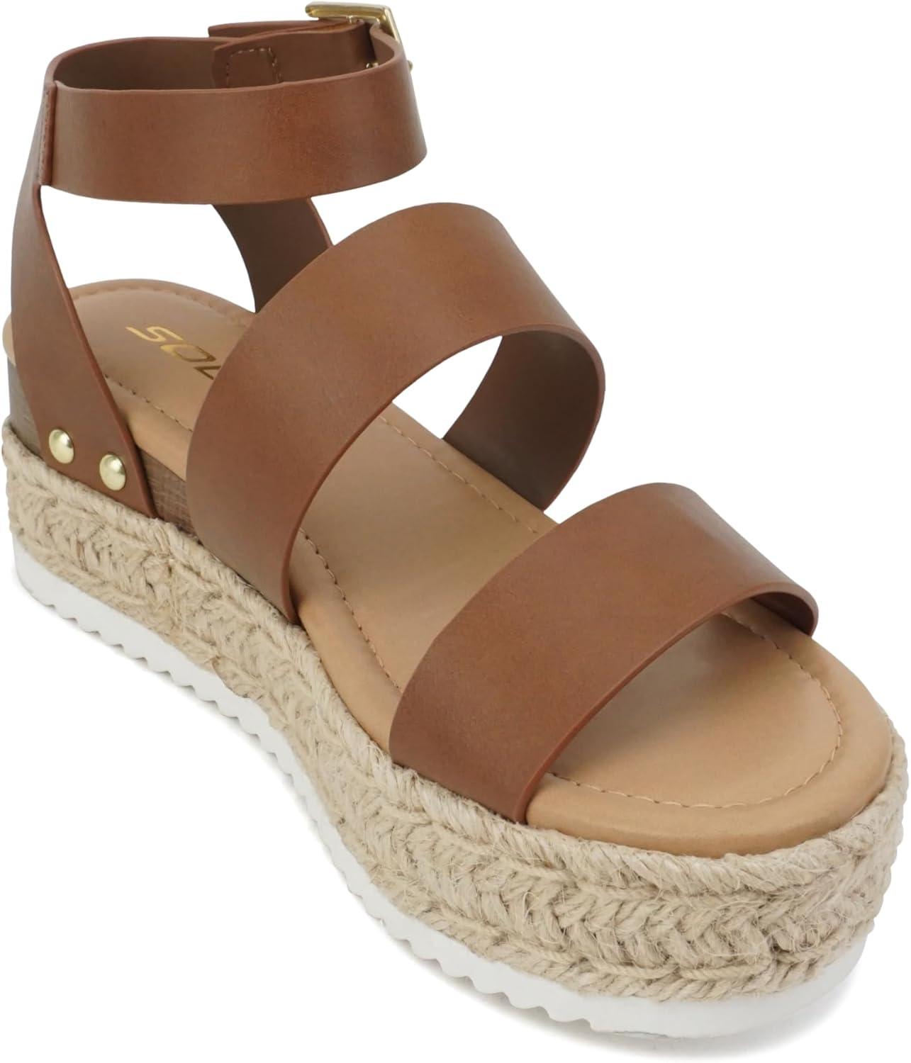 imageSoda Top Shoe Bryce Open Toe Buckle Ankle Strap Espadrilles Flatform Wedge Casual SandaCognac Pu