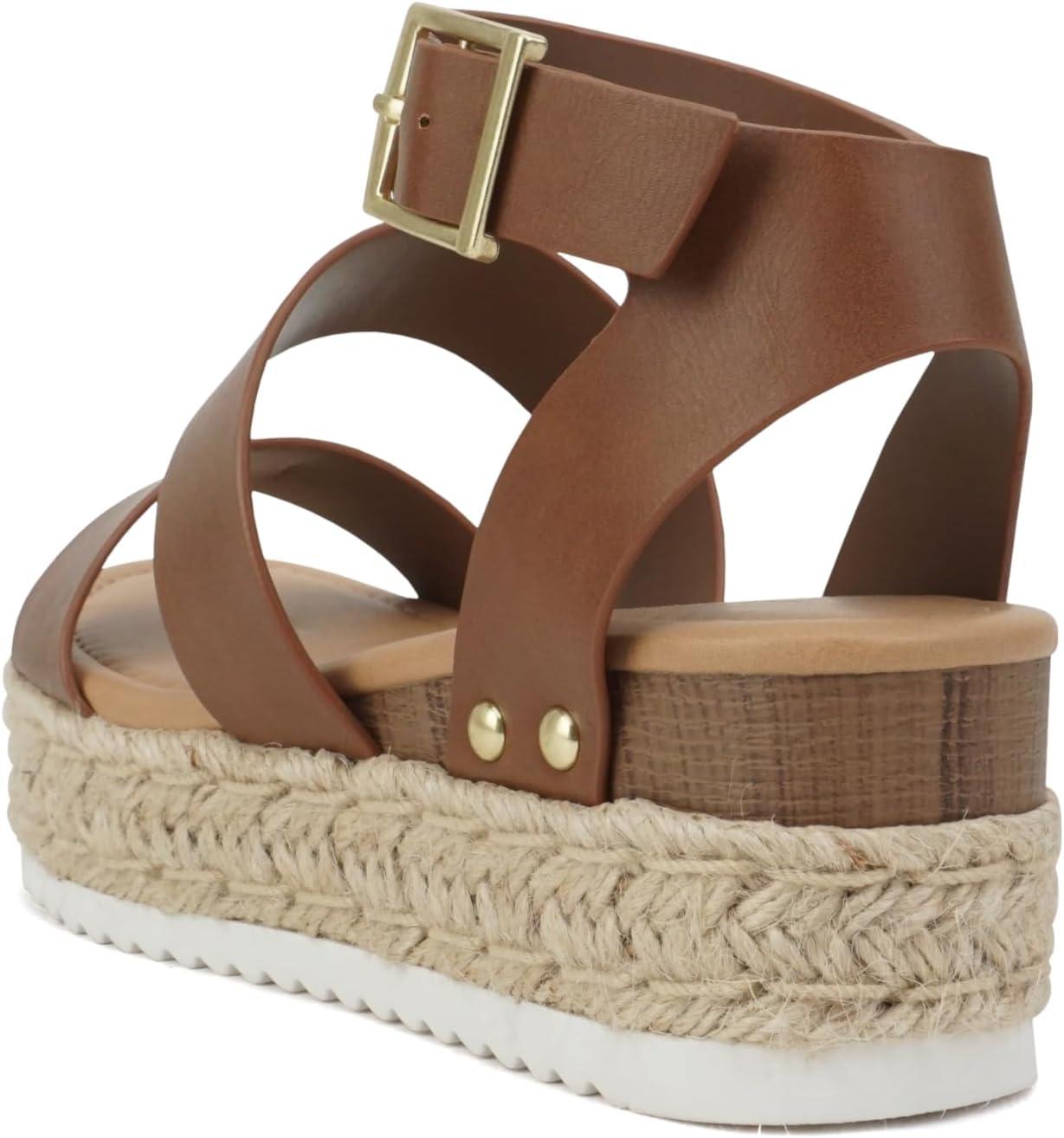 imageSoda Top Shoe Bryce Open Toe Buckle Ankle Strap Espadrilles Flatform Wedge Casual SandaCognac Pu