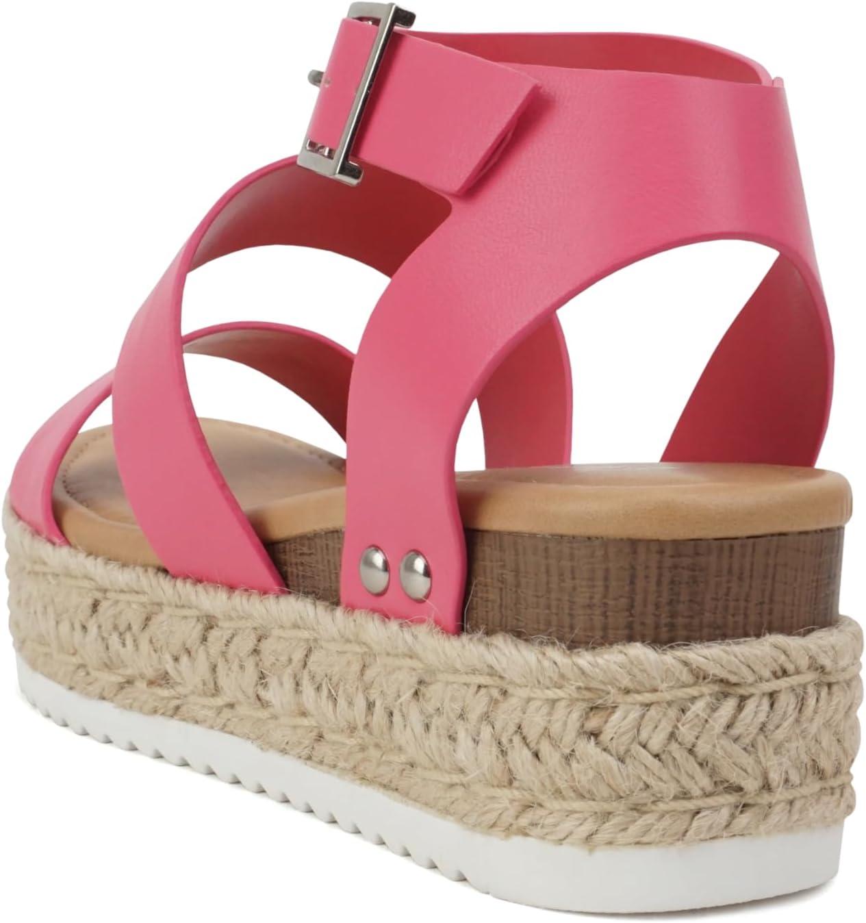 imageSoda Top Shoe Bryce Open Toe Buckle Ankle Strap Espadrilles Flatform Wedge Casual SandaHot Pink Pu