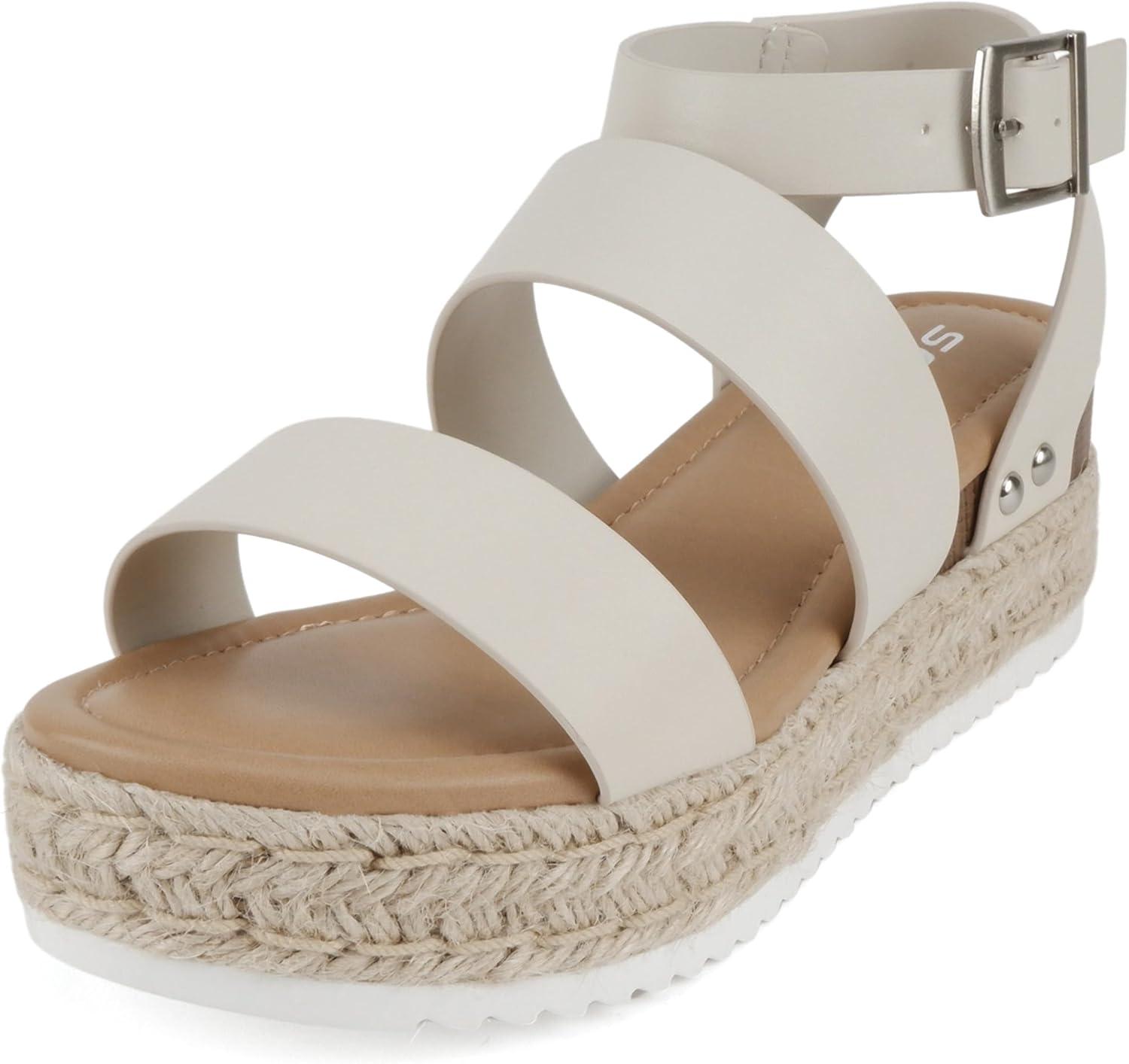 imageSoda Top Shoe Bryce Open Toe Buckle Ankle Strap Espadrilles Flatform Wedge Casual SandaIvory Pu