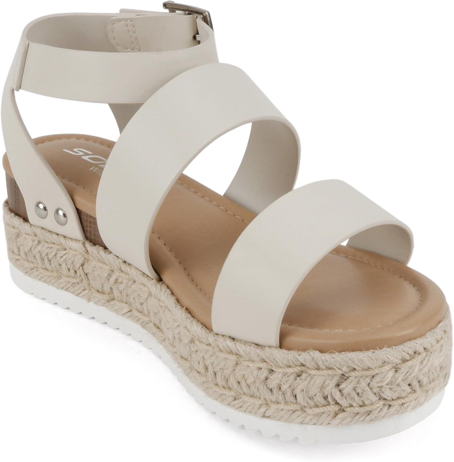 imageSoda Top Shoe Bryce Open Toe Buckle Ankle Strap Espadrilles Flatform Wedge Casual SandaIvory Pu