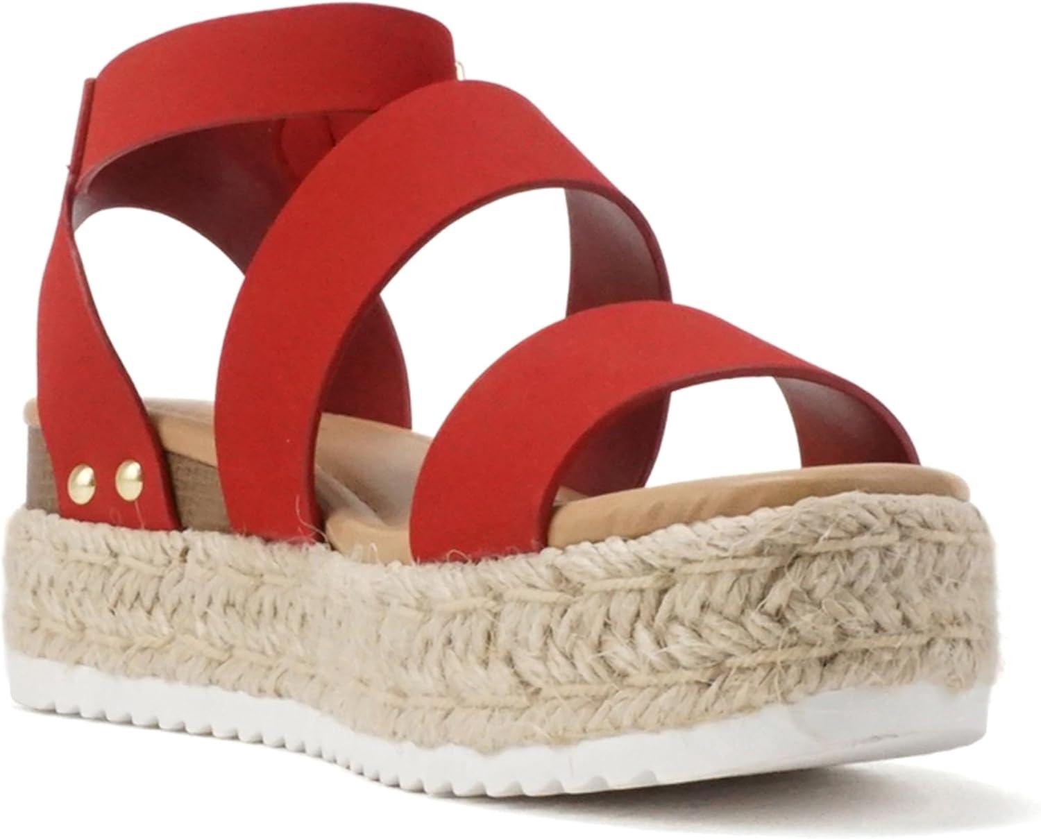 imageSoda Top Shoe Bryce Open Toe Buckle Ankle Strap Espadrilles Flatform Wedge Casual SandaLipstick Nubuck