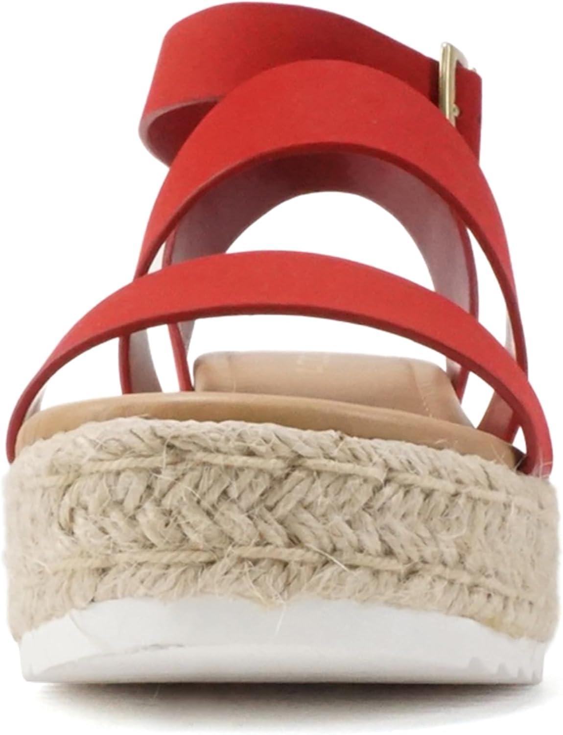 imageSoda Top Shoe Bryce Open Toe Buckle Ankle Strap Espadrilles Flatform Wedge Casual SandaLipstick Nubuck