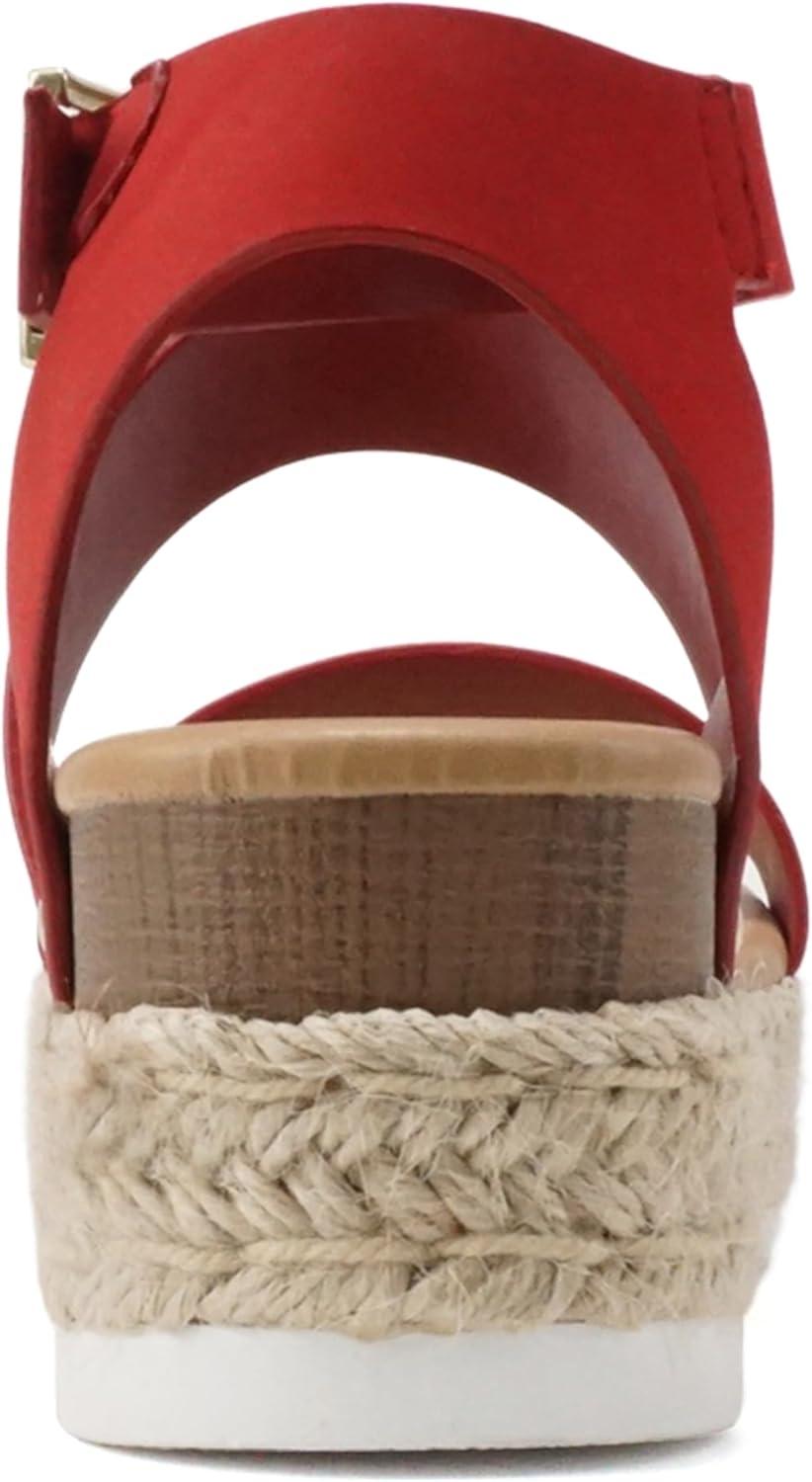 imageSoda Top Shoe Bryce Open Toe Buckle Ankle Strap Espadrilles Flatform Wedge Casual SandaLipstick Nubuck