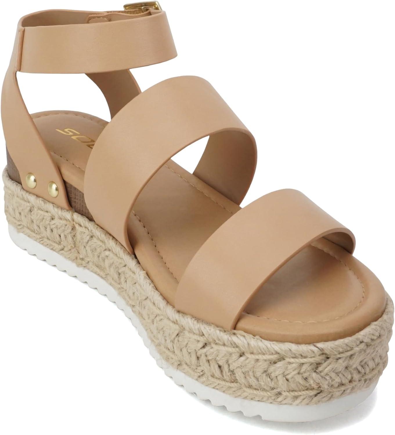 imageSoda Top Shoe Bryce Open Toe Buckle Ankle Strap Espadrilles Flatform Wedge Casual SandaNatural Pu