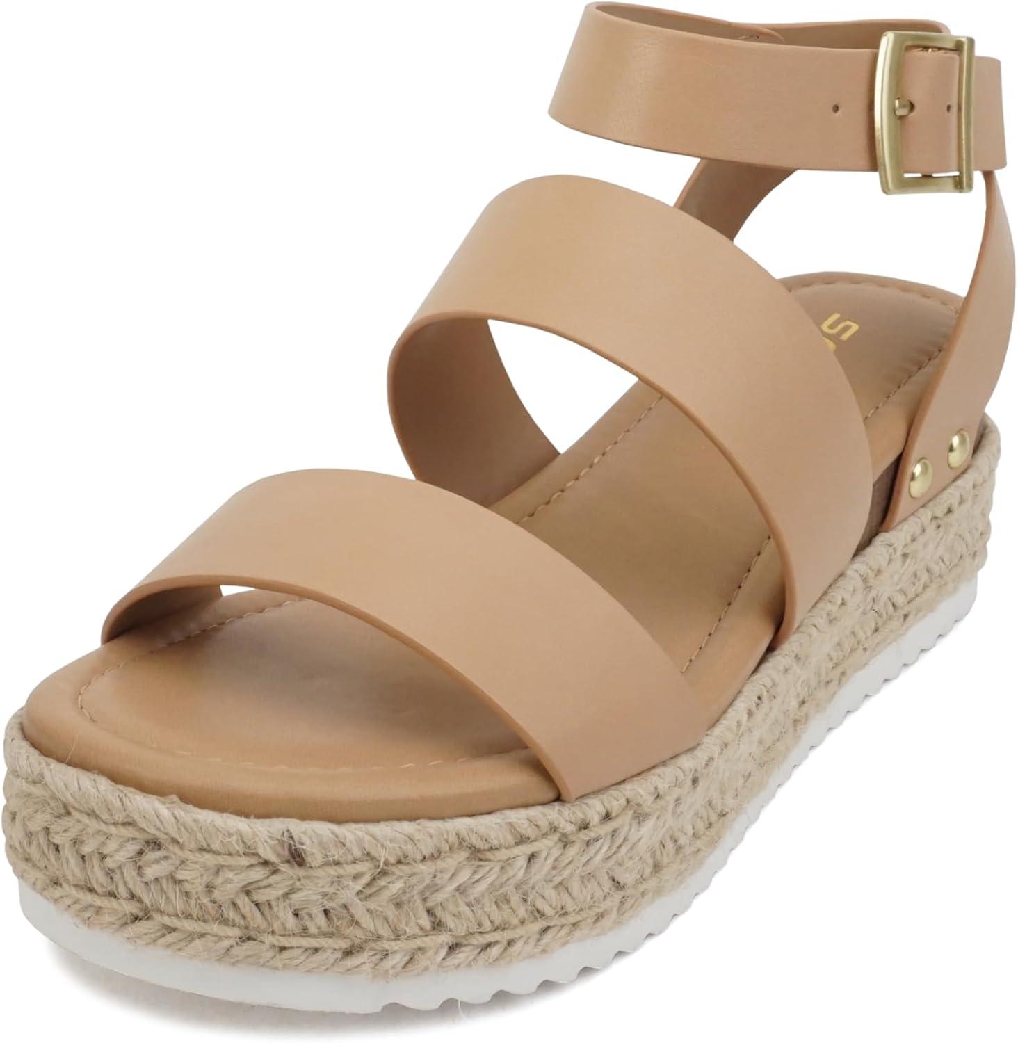 imageSoda Top Shoe Bryce Open Toe Buckle Ankle Strap Espadrilles Flatform Wedge Casual SandaNatural Pu
