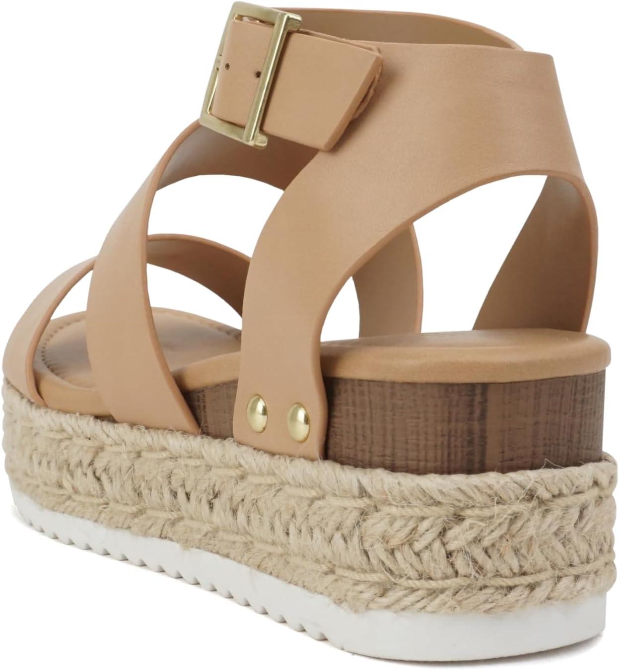 imageSoda Top Shoe Bryce Open Toe Buckle Ankle Strap Espadrilles Flatform Wedge Casual SandaNatural Pu