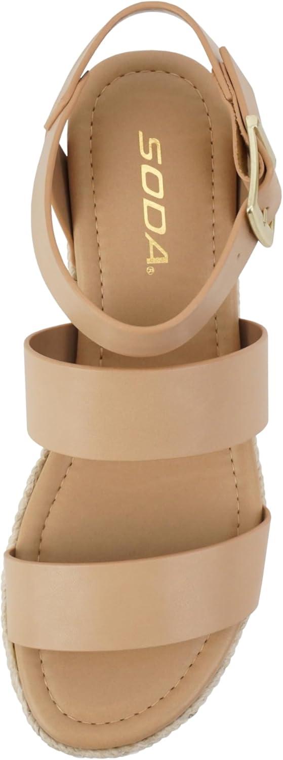 imageSoda Top Shoe Bryce Open Toe Buckle Ankle Strap Espadrilles Flatform Wedge Casual SandaNatural Pu