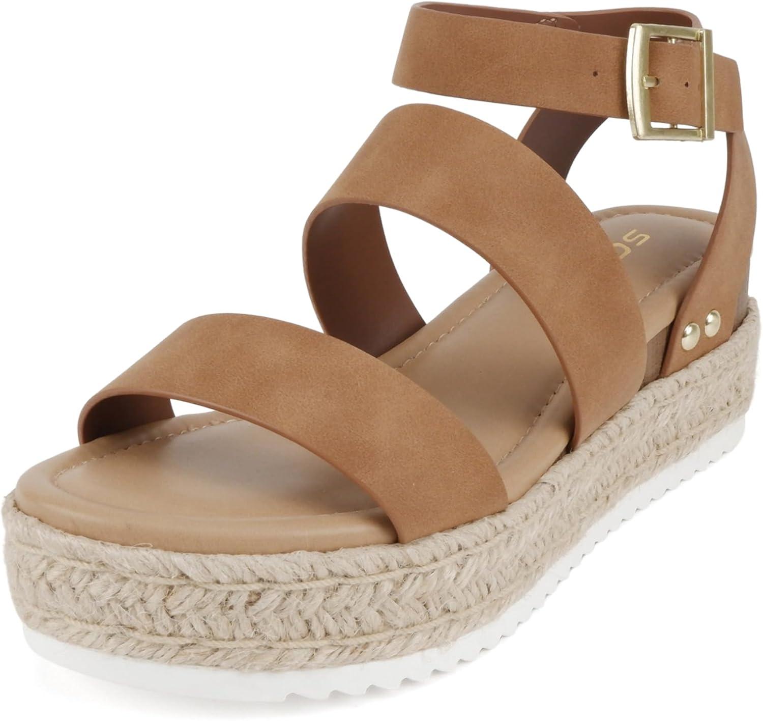 imageSoda Top Shoe Bryce Open Toe Buckle Ankle Strap Espadrilles Flatform Wedge Casual SandaTan