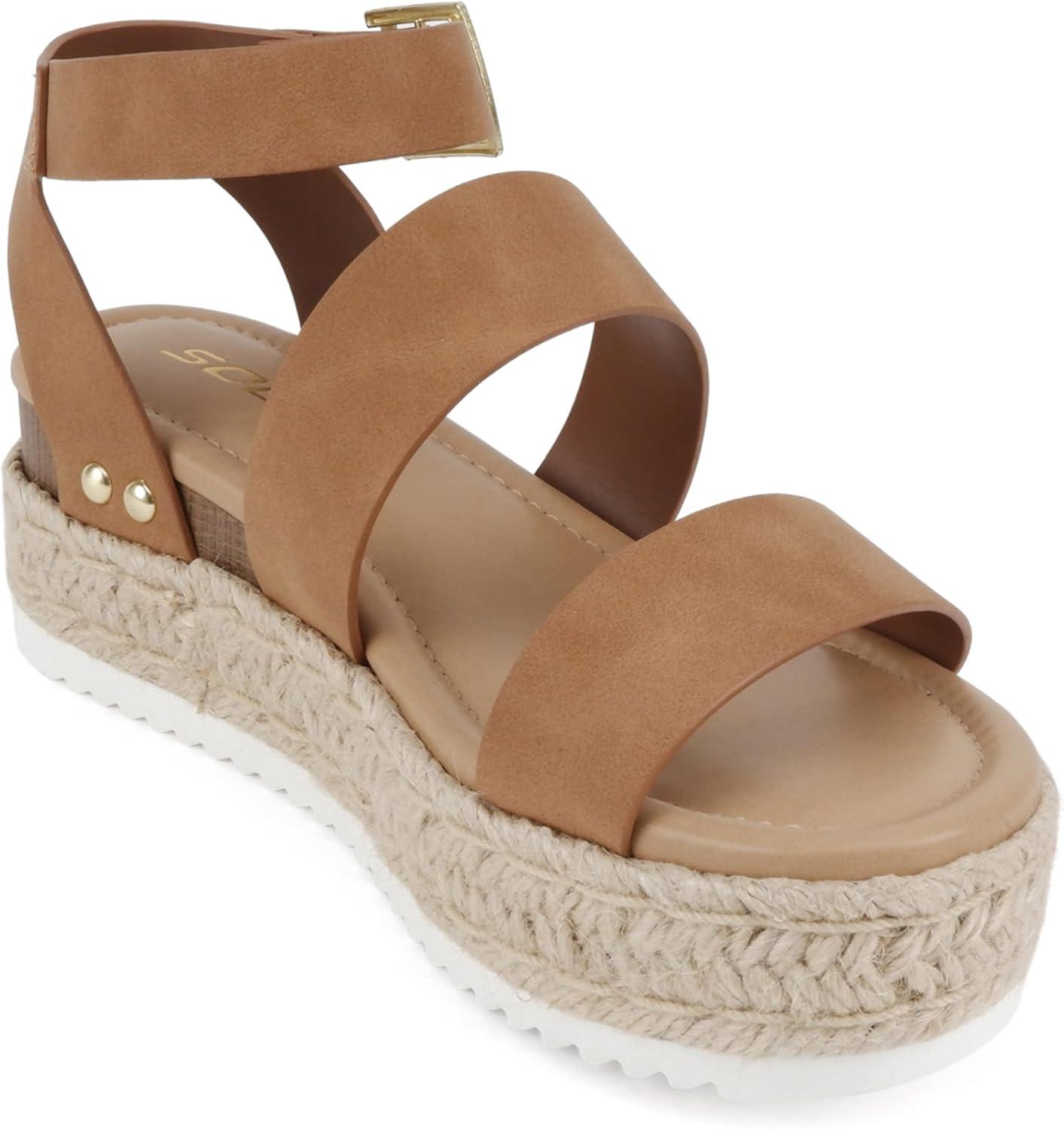 imageSoda Top Shoe Bryce Open Toe Buckle Ankle Strap Espadrilles Flatform Wedge Casual SandaTan