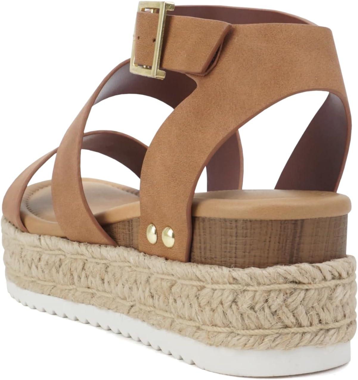 imageSoda Top Shoe Bryce Open Toe Buckle Ankle Strap Espadrilles Flatform Wedge Casual SandaTan