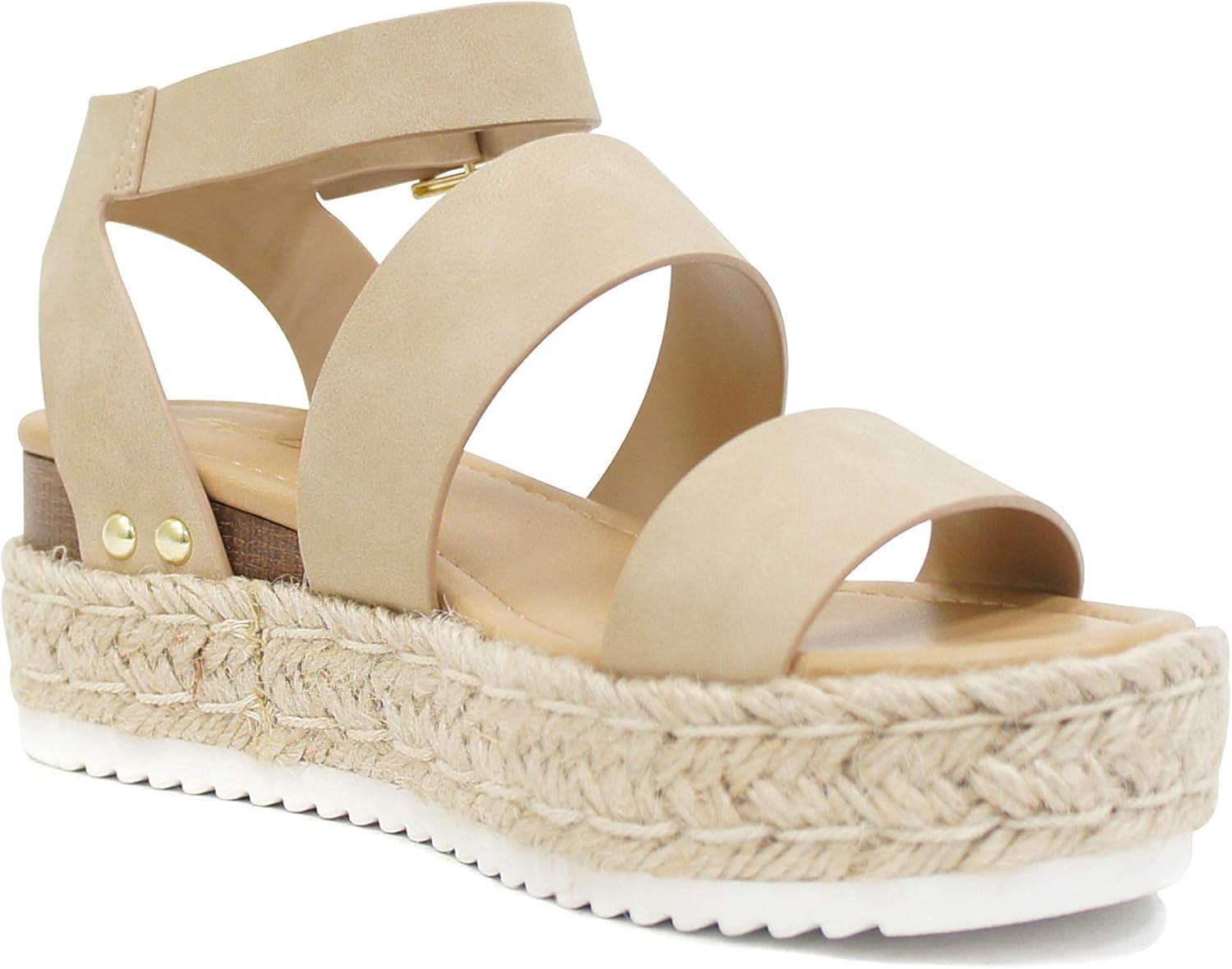 imageSoda Top Shoe Bryce Open Toe Buckle Ankle Strap Espadrilles Flatform Wedge Casual SandaTaupe