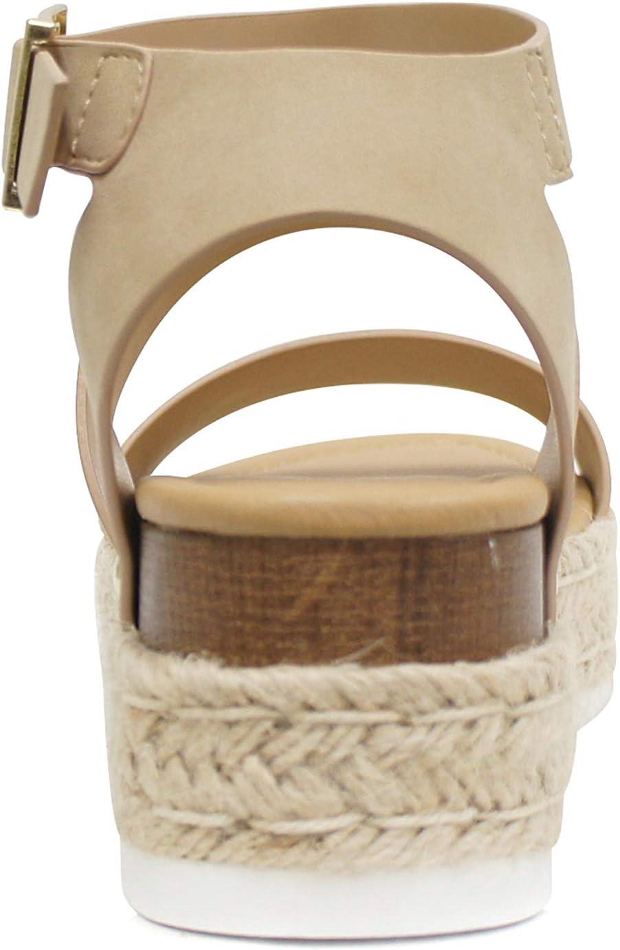 imageSoda Top Shoe Bryce Open Toe Buckle Ankle Strap Espadrilles Flatform Wedge Casual SandaTaupe