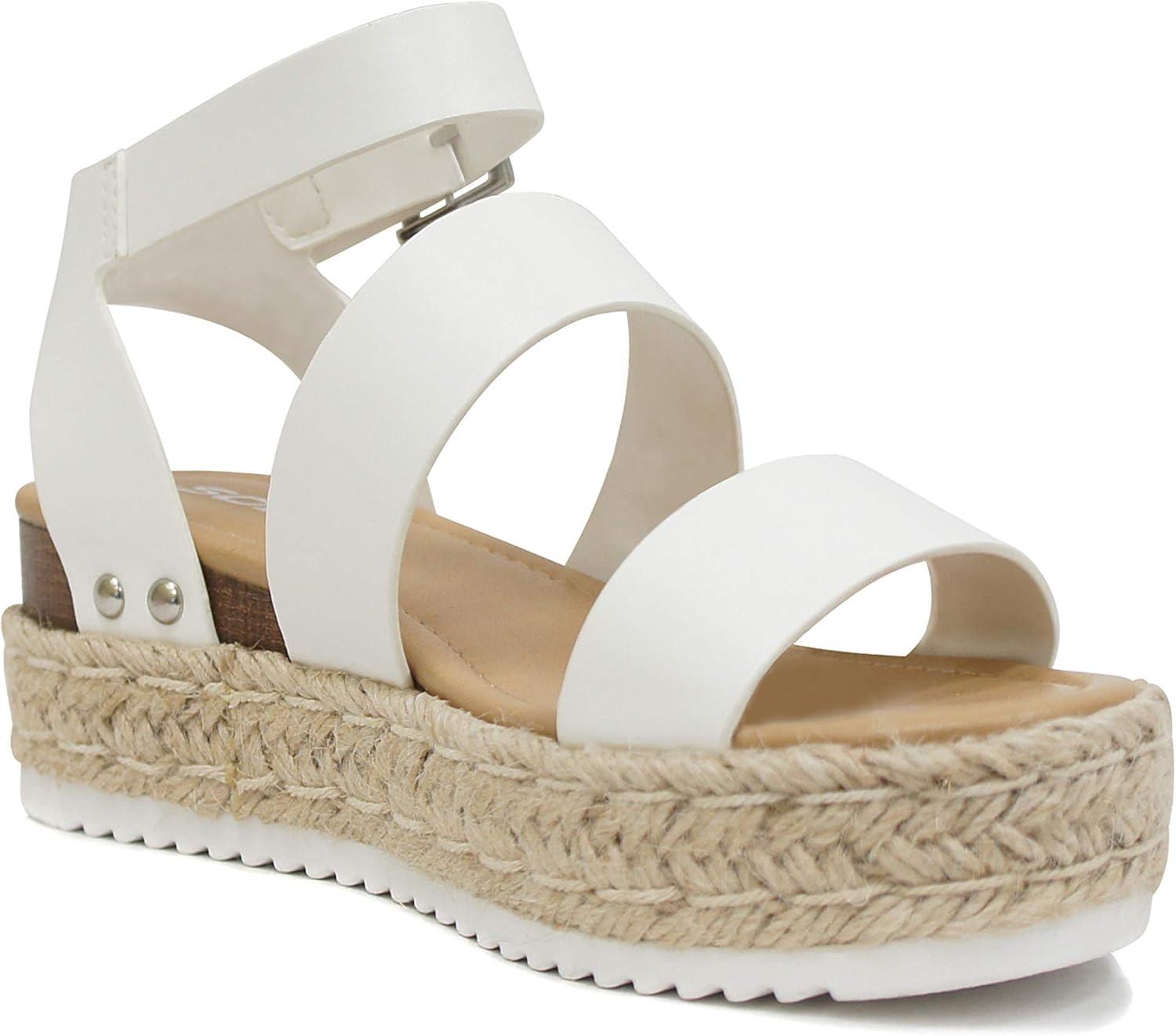 imageSoda Top Shoe Bryce Open Toe Buckle Ankle Strap Espadrilles Flatform Wedge Casual SandaWhite