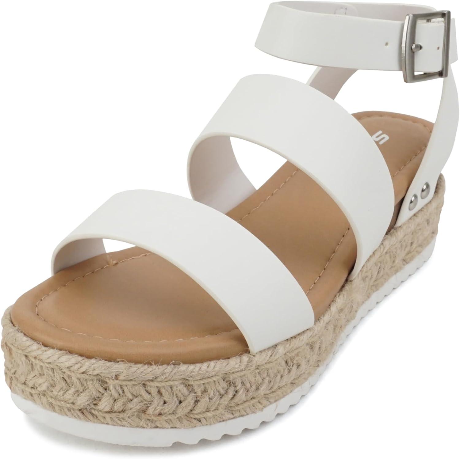 imageSoda Top Shoe Bryce Open Toe Buckle Ankle Strap Espadrilles Flatform Wedge Casual SandaWhite Pu