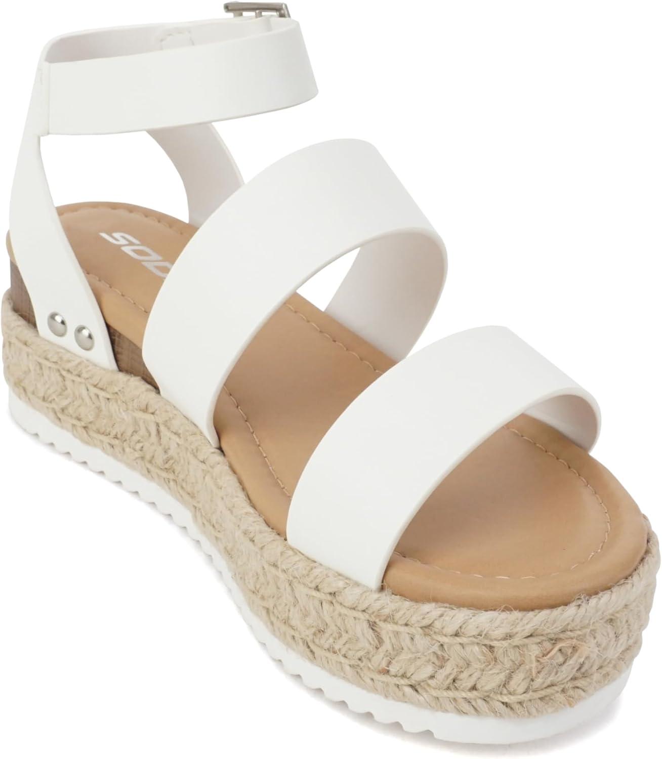 imageSoda Top Shoe Bryce Open Toe Buckle Ankle Strap Espadrilles Flatform Wedge Casual SandaWhite Pu
