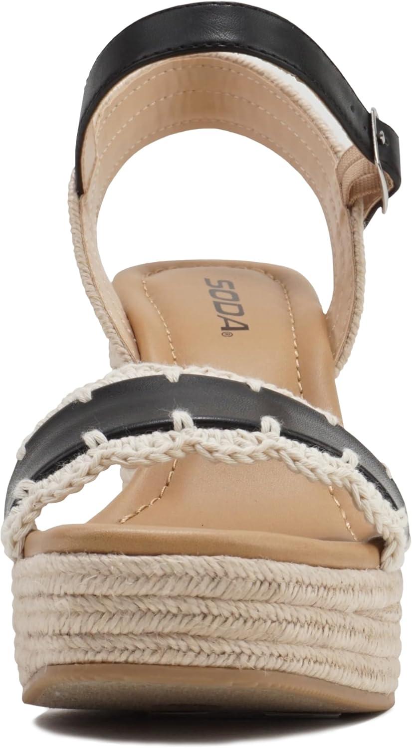 imageSoda Virtual  Women Square Toe Woven Single Band Espadrille Wedge Sandal with Adjustable Ankle StrapBlack Pu
