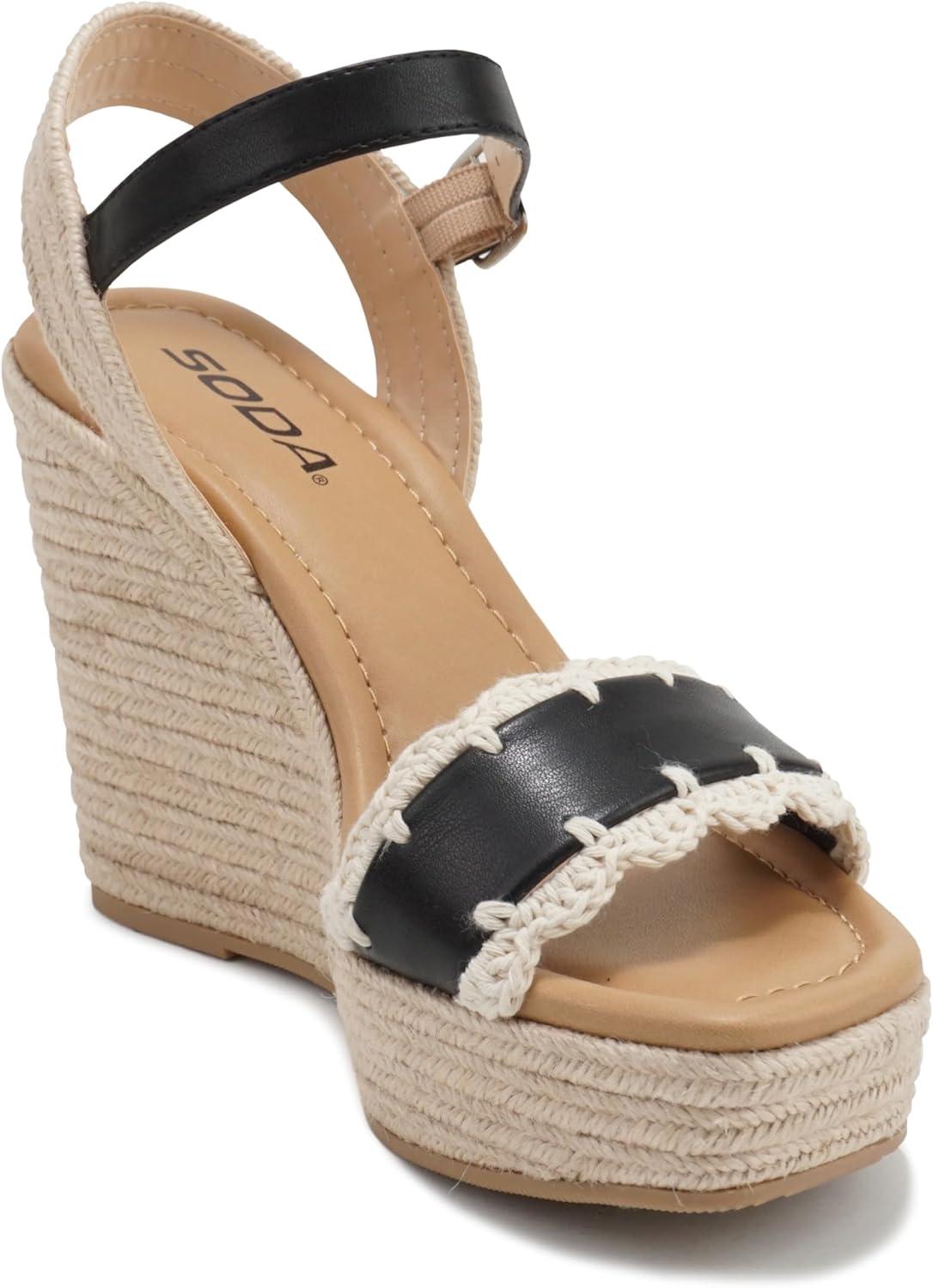 imageSoda Virtual  Women Square Toe Woven Single Band Espadrille Wedge Sandal with Adjustable Ankle StrapBlack Pu