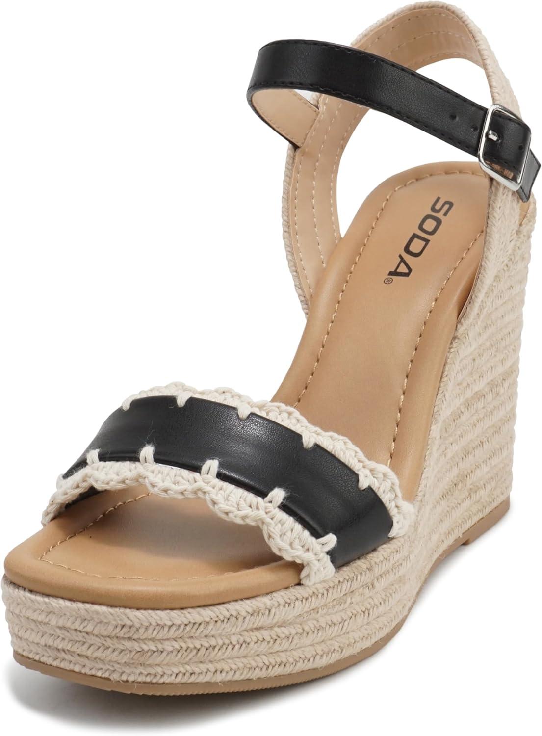 imageSoda Virtual  Women Square Toe Woven Single Band Espadrille Wedge Sandal with Adjustable Ankle StrapBlack Pu