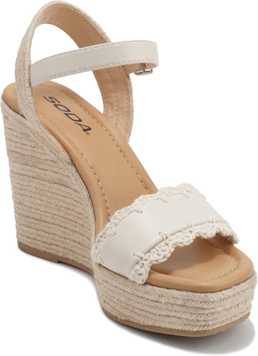 imageSoda Virtual  Women Square Toe Woven Single Band Espadrille Wedge Sandal with Adjustable Ankle StrapBone Pu