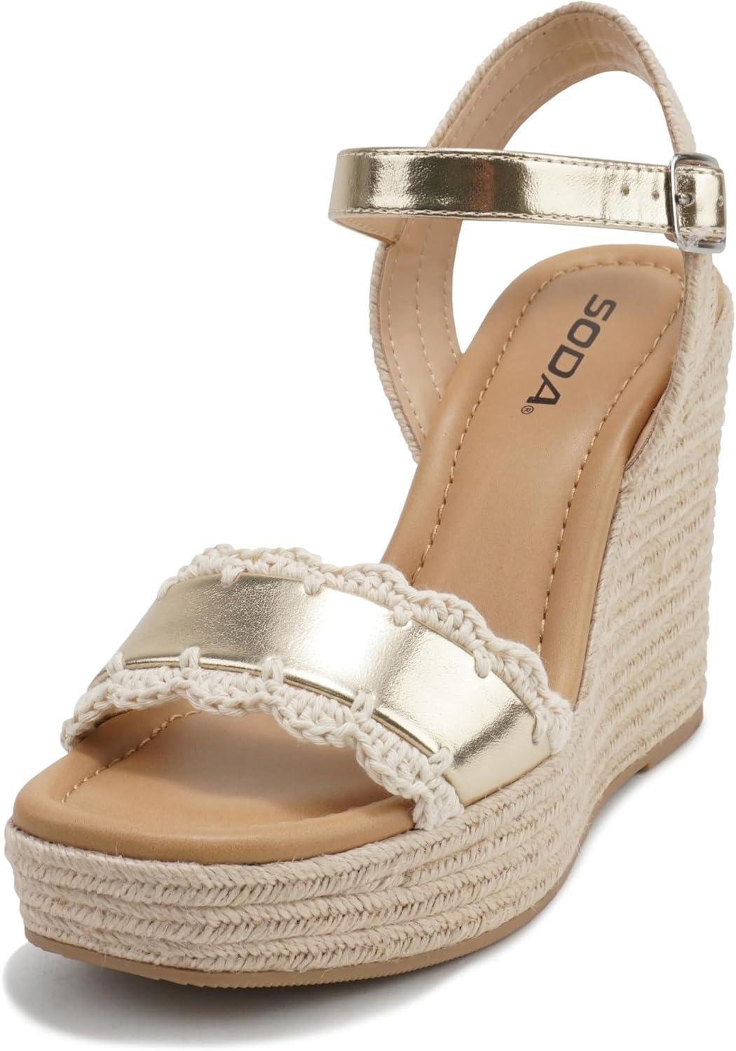 imageSoda Virtual  Women Square Toe Woven Single Band Espadrille Wedge Sandal with Adjustable Ankle StrapGold