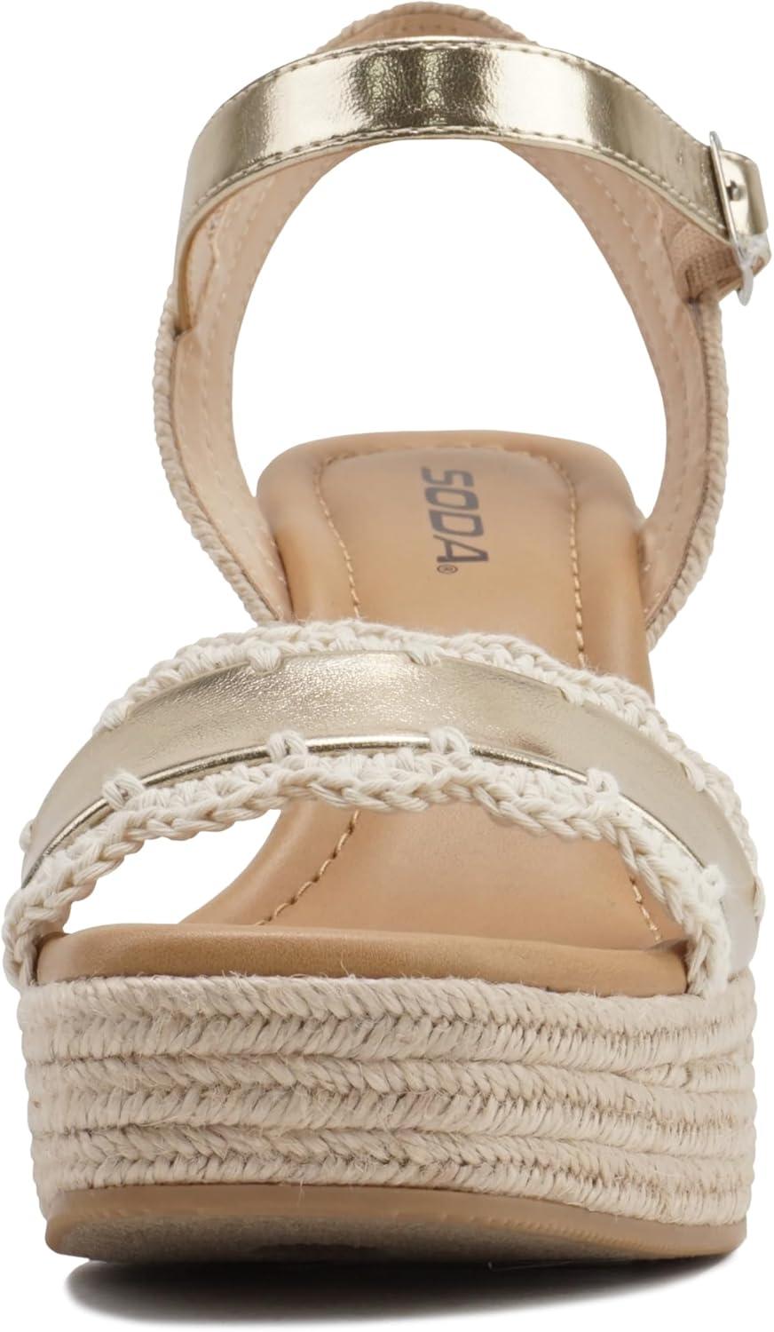 imageSoda Virtual  Women Square Toe Woven Single Band Espadrille Wedge Sandal with Adjustable Ankle StrapGold