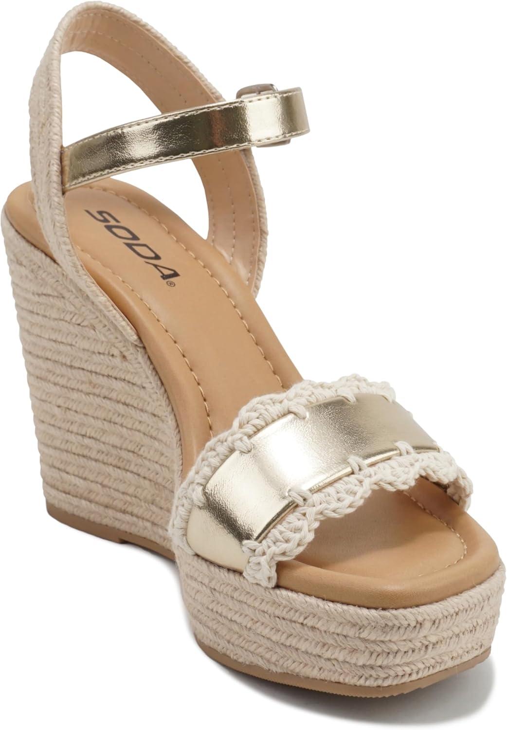 imageSoda Virtual  Women Square Toe Woven Single Band Espadrille Wedge Sandal with Adjustable Ankle StrapGold