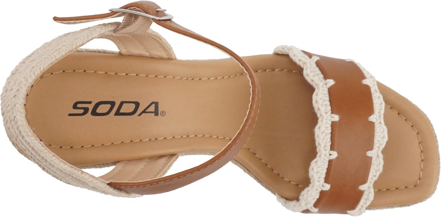 imageSoda Virtual  Women Square Toe Woven Single Band Espadrille Wedge Sandal with Adjustable Ankle StrapTan Pu