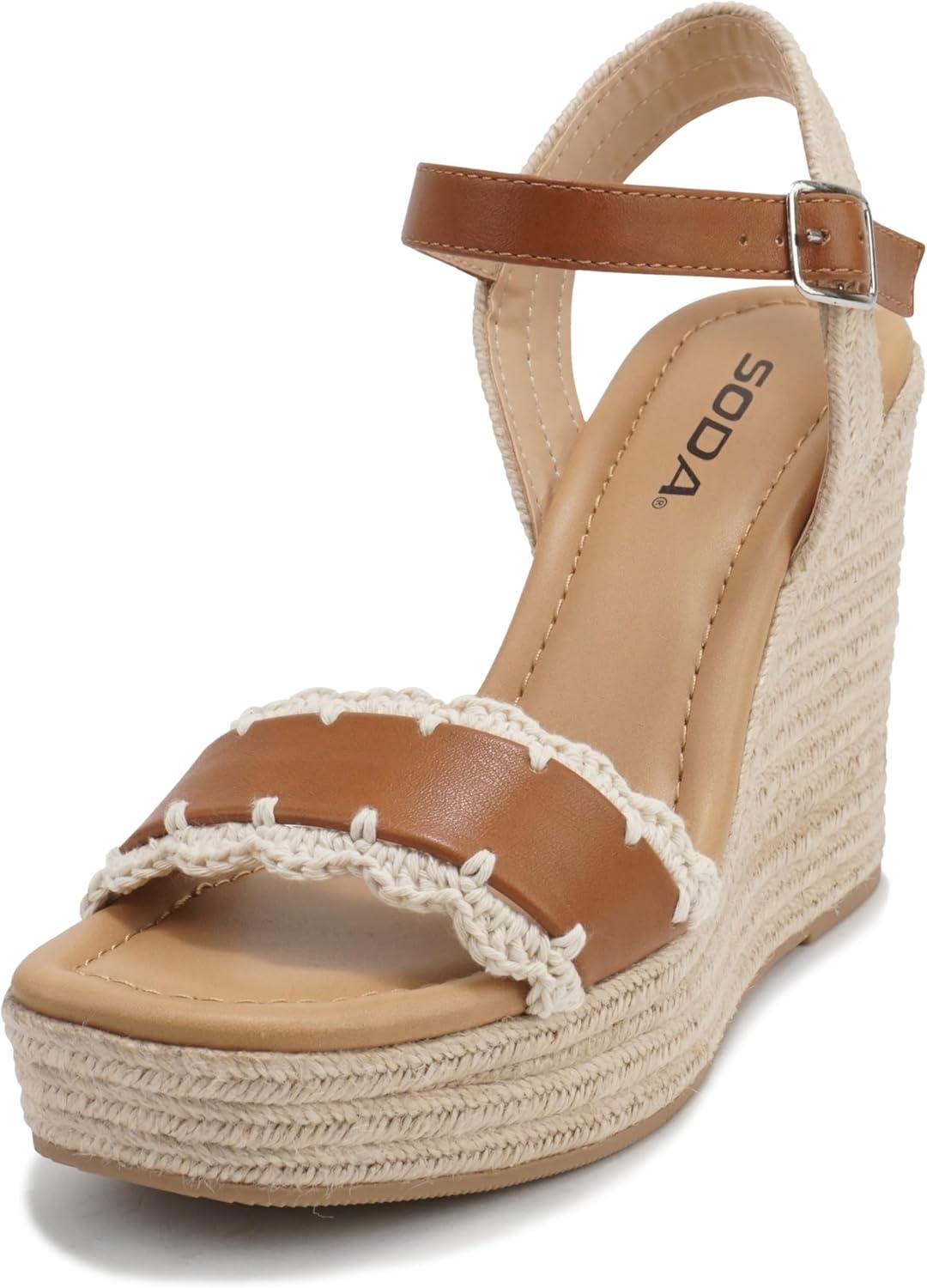 imageSoda Virtual  Women Square Toe Woven Single Band Espadrille Wedge Sandal with Adjustable Ankle StrapTan Pu