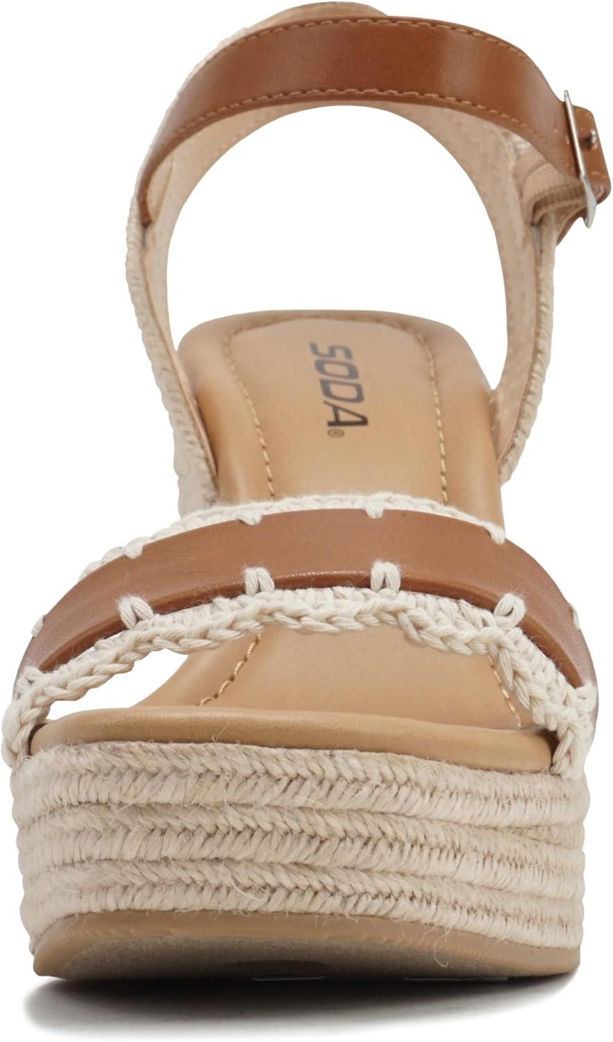 imageSoda Virtual  Women Square Toe Woven Single Band Espadrille Wedge Sandal with Adjustable Ankle StrapTan Pu