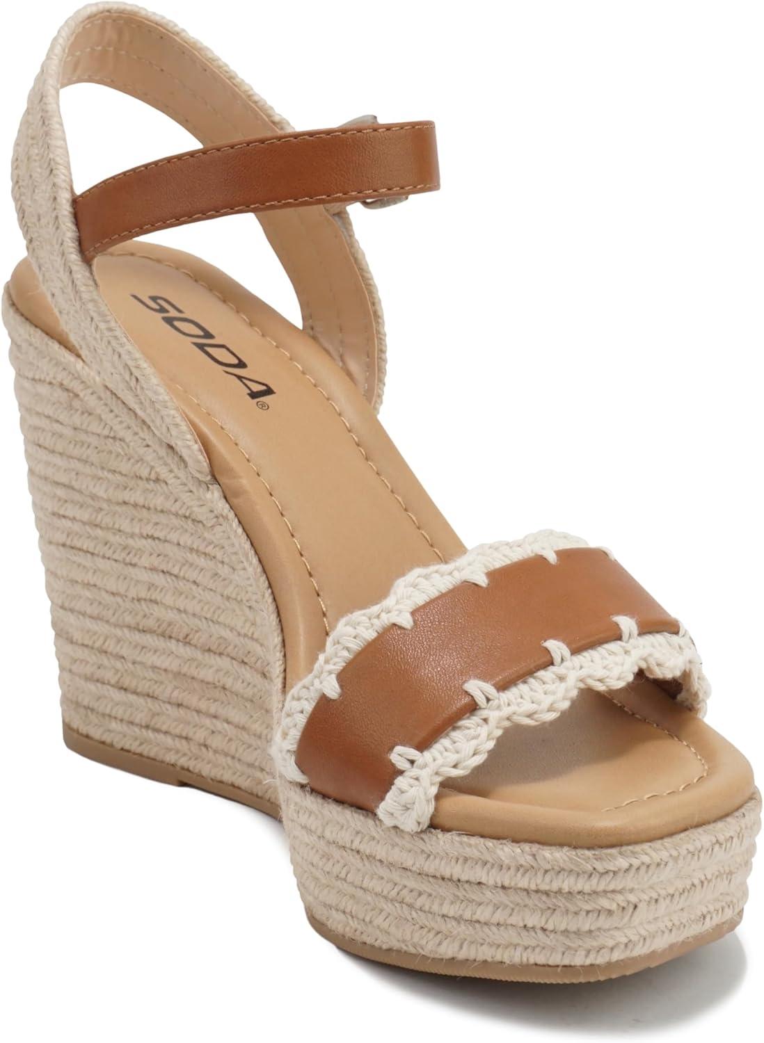imageSoda Virtual  Women Square Toe Woven Single Band Espadrille Wedge Sandal with Adjustable Ankle StrapTan Pu