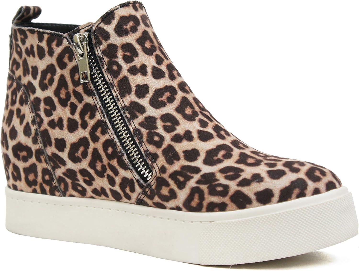 imageSoda Womens Taylor Nubuck Hight Top Slip On Fashion SneakersOatmeal Cheetah
