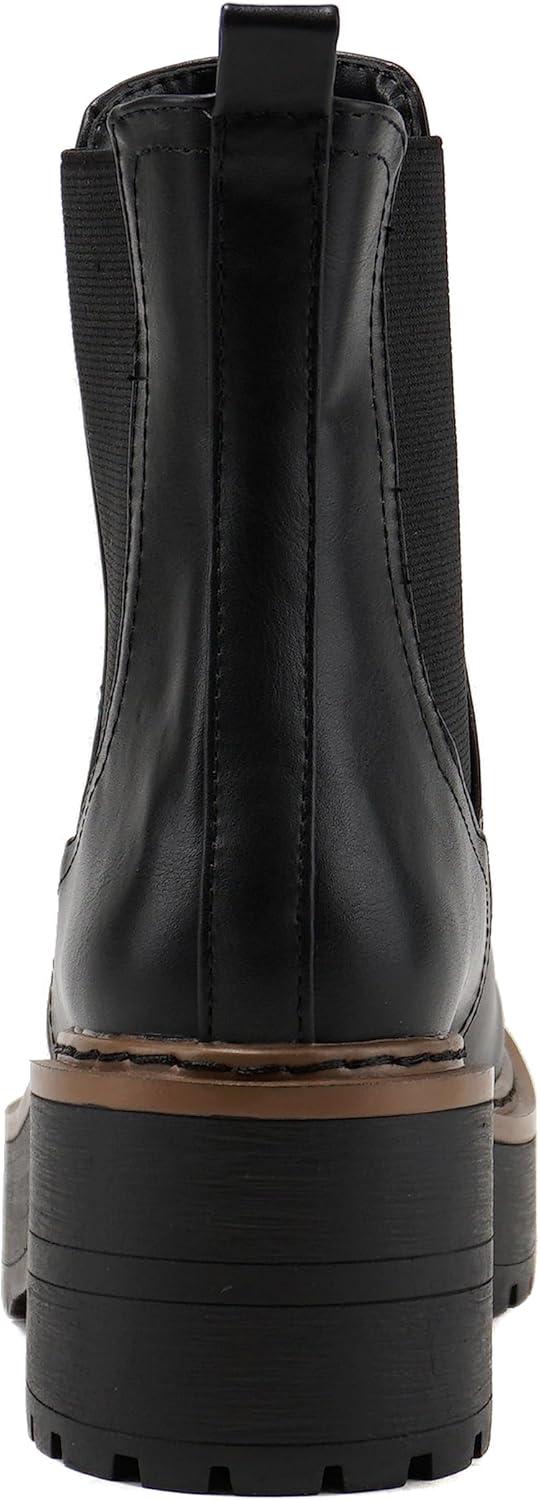 imageSoda YOSSI  Womens Chelsea Chunky Lug Sole Mid Heel Ankle Bootie Double ElasticBlack Pu