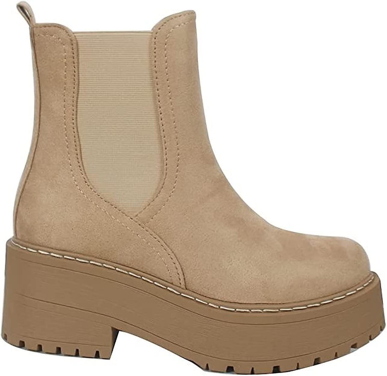 imageSoda YOSSI  Womens Chelsea Chunky Lug Sole Mid Heel Ankle Bootie Double ElasticCamel