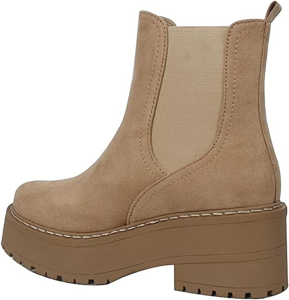 imageSoda YOSSI  Womens Chelsea Chunky Lug Sole Mid Heel Ankle Bootie Double ElasticCamel