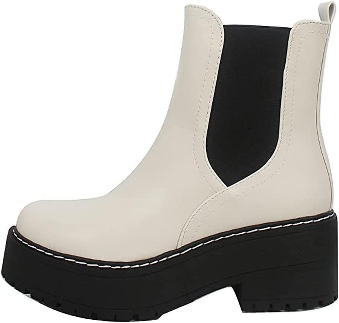 imageSoda YOSSI  Womens Chelsea Chunky Lug Sole Mid Heel Ankle Bootie Double ElasticWhite
