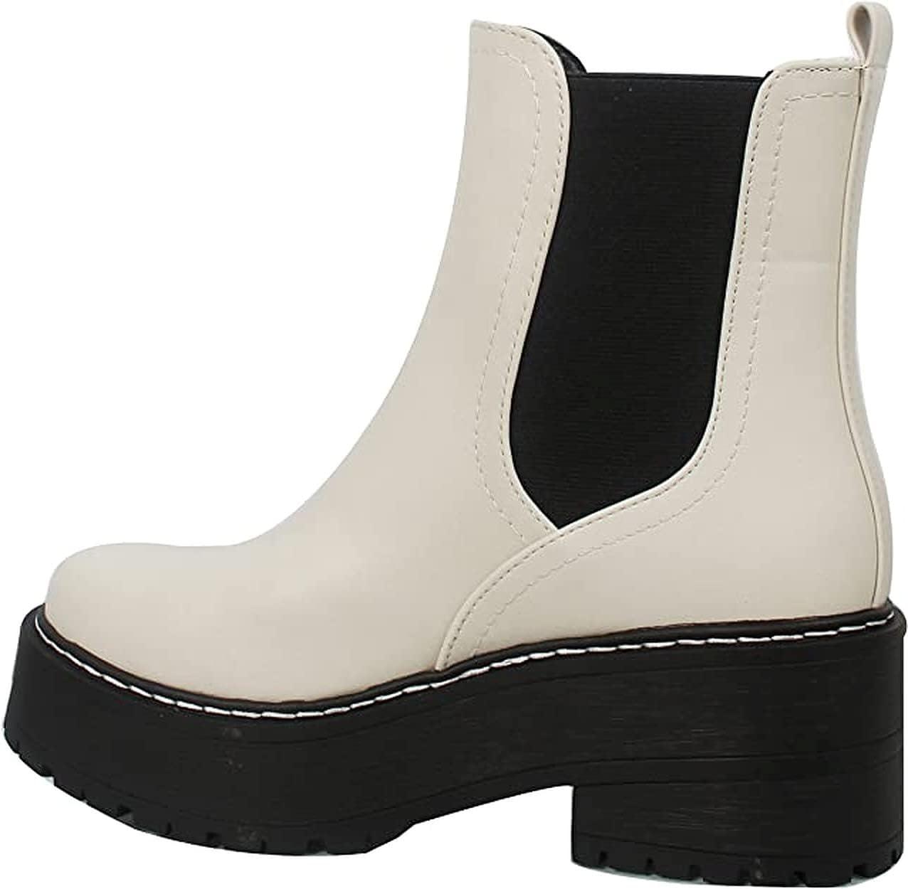 imageSoda YOSSI  Womens Chelsea Chunky Lug Sole Mid Heel Ankle Bootie Double ElasticWhite