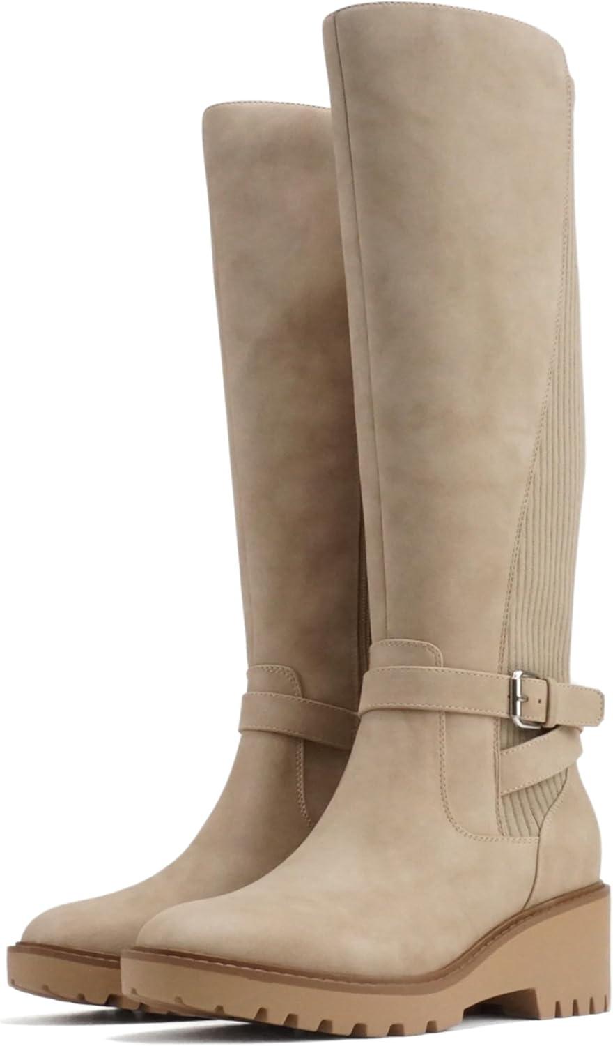 imageSoda ZONE  Women Round Toe Elastic Sweater Belted Strap Lug Sole Low Wedge Heel KneeHigh Boot with Side ZipperBeige Nubuck