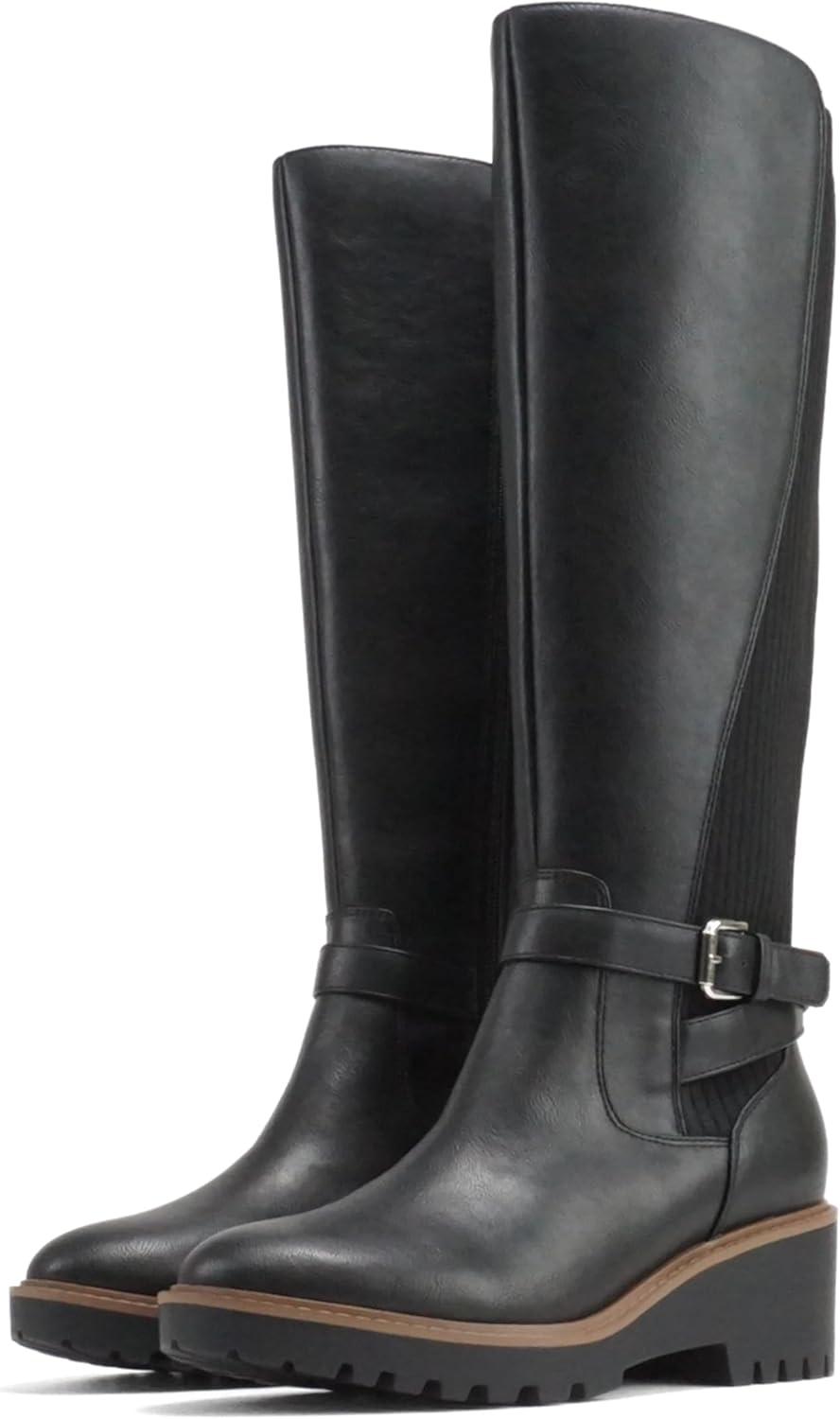 imageSoda ZONE  Women Round Toe Elastic Sweater Belted Strap Lug Sole Low Wedge Heel KneeHigh Boot with Side ZipperBlack Pu