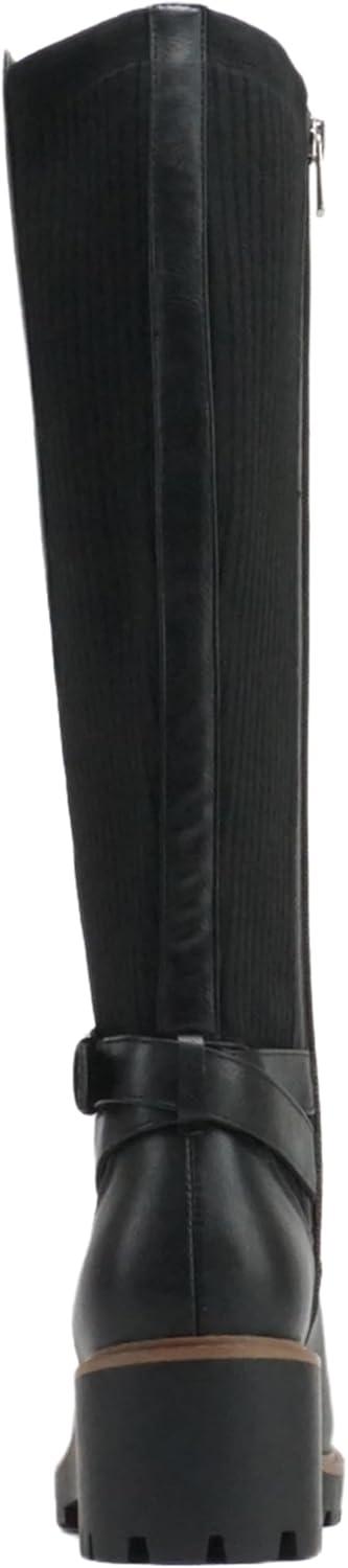 imageSoda ZONE  Women Round Toe Elastic Sweater Belted Strap Lug Sole Low Wedge Heel KneeHigh Boot with Side ZipperBlack Pu